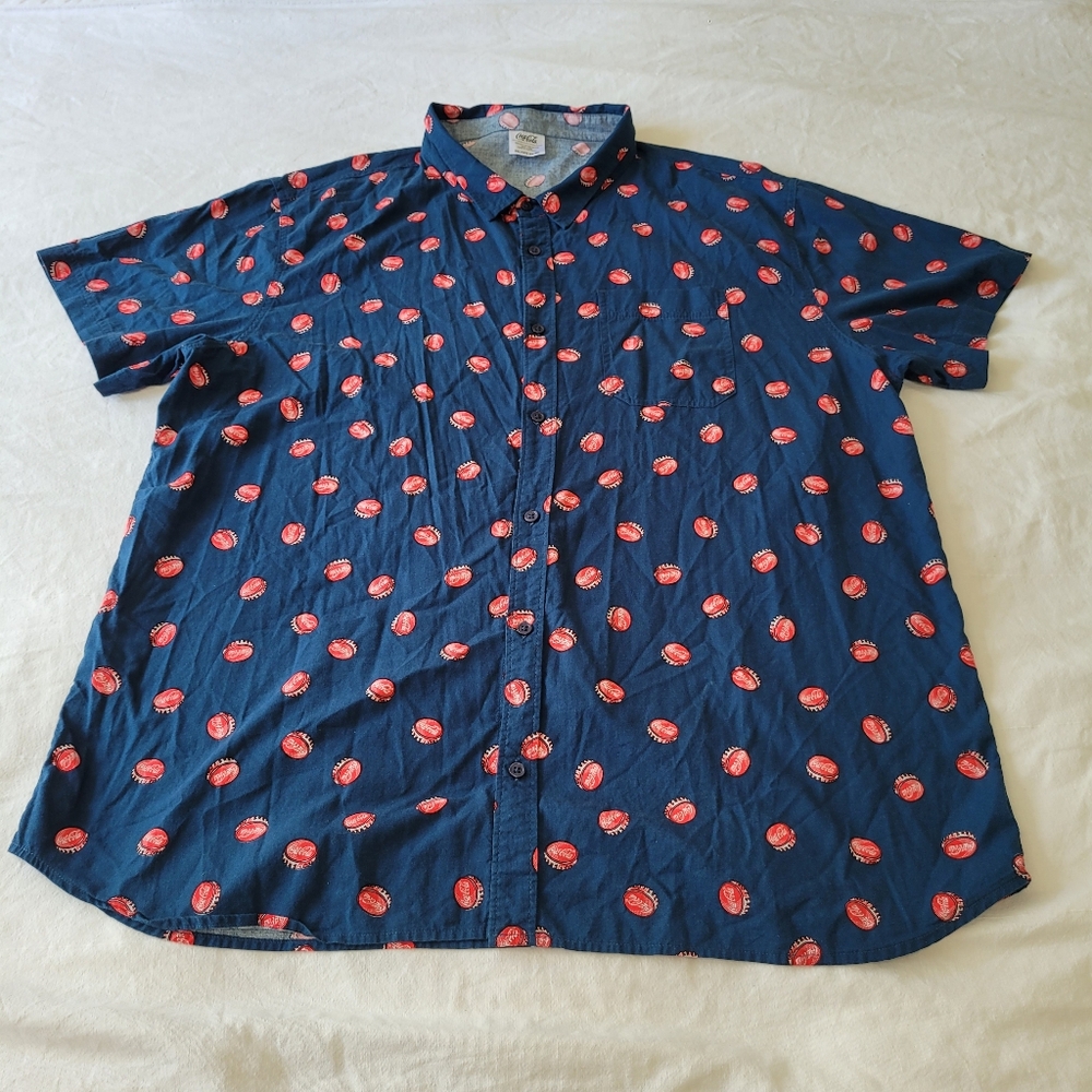 Coca-Cola Men's Button Up Shirt Bottle Cap Print Size 3XL Navy Blue Cotton Rayon